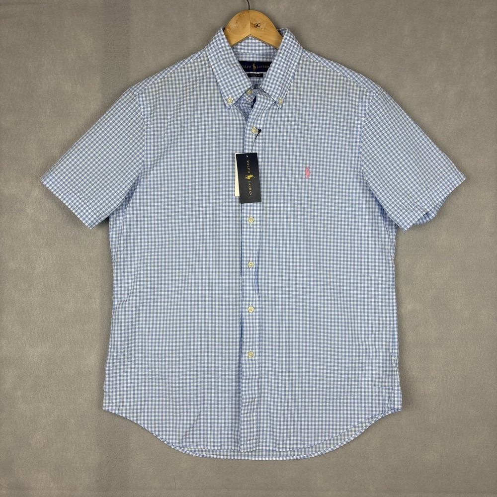 NWT Polo Ralph Lauren Seersucker Shirt Men’s Medium Blue White Gingham Check